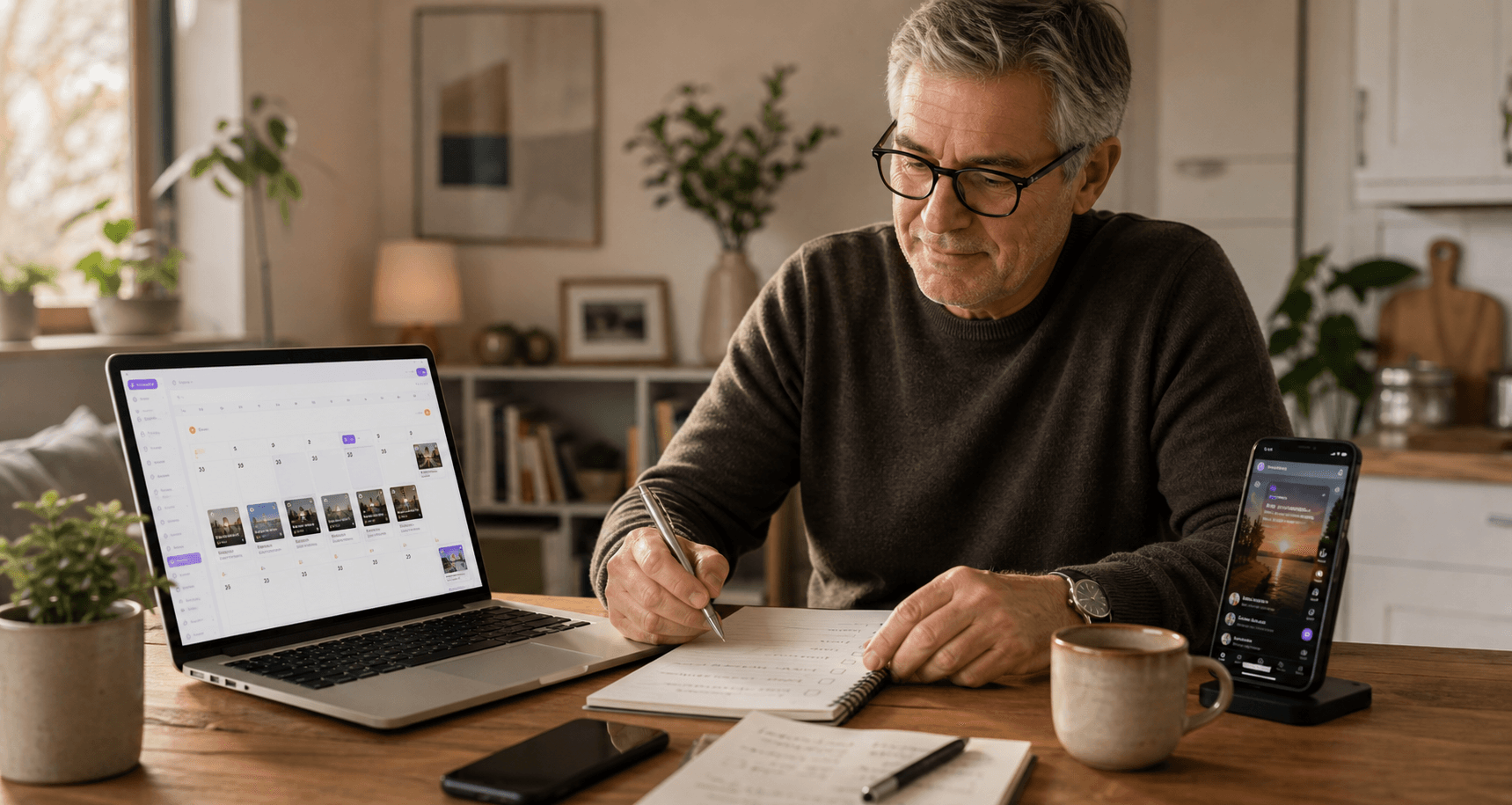 Older business owner reviewing a pre-planned 30-day YouTube Shorts calendar while automated content posting runs in the background