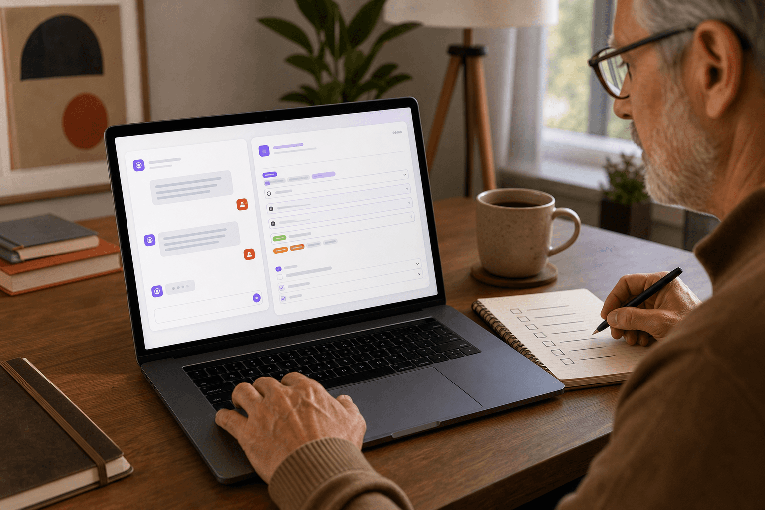 Guided setup assistant helping an older business owner create a tailored Clipsly configuration
